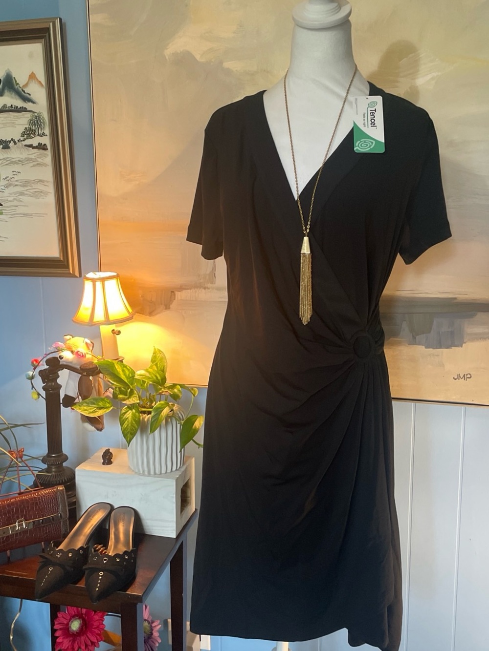 Lands' End Black V‑Neck Side Ring Midi Dress